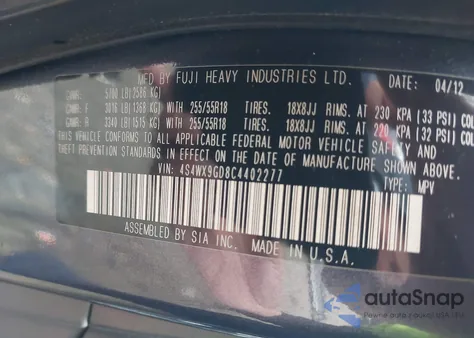 2012 Subaru Tribeca 3.6R Limited from USA, damaged, VIN 4S4WX9GD8C4402277